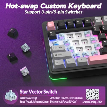 AULA S75 PRO Wireless Mechanical Keyboard with Screen&Knob, 75% Hot Swappable Gaming Keyboard with Pre-lubed Switches, RGB Backlit, PBT Keycaps Creamy Sounding Pc Gaming Keyboards - color: Black&Gray&Pink