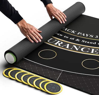 Newverest Blackjack Mat 70" x 35", Blackjack Table Top for Home Game Nights with Friends | Black Jack Casino Table Topper, Poker Mat Layout in Zipper Storage Bag with 8 Coasters in Gift-Ready Box - color: Golden Black