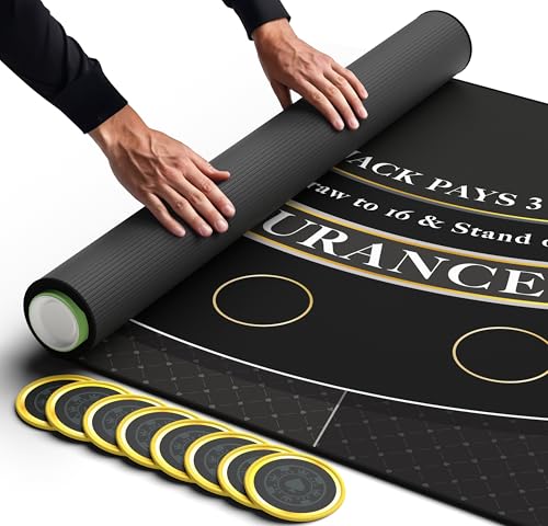 Newverest Blackjack Mat 70" x 35", Blackjack Table Top for Home Game Nights with Friends | Black Jack Casino Table Topper, Poker Mat Layout in Zipper Storage Bag with 8 Coasters in Gift-Ready Box - color: Golden Black