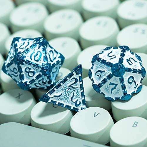 Cusdie 7pcs Metal DND Dice with Tin Box, Dagger Design Polyhedral Die Set, for Role Playing Game D&D Dice Pathfinder (Blue White) - color: Blue White