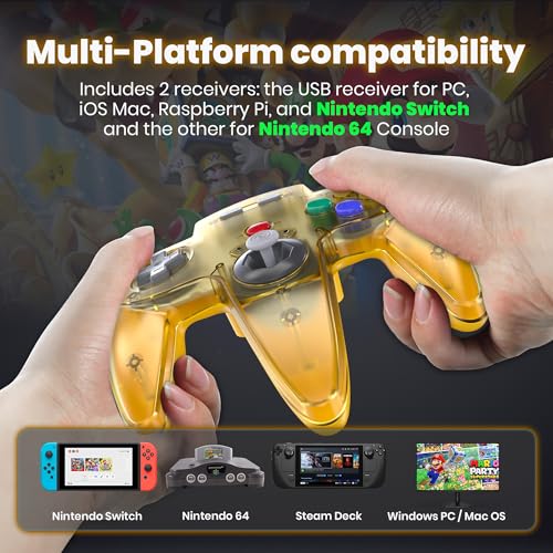 2 Pack Wireless N64 Controller for Switch 1/2, N64 Console, Yellow/Black | (Built-in Vibration) (Rechargeable) (3D Analog Stick), 2.4 GHz USB & N64 Receiver Made for Switch Online, Windows PC, macOS - color: Transparent Yellow/Black