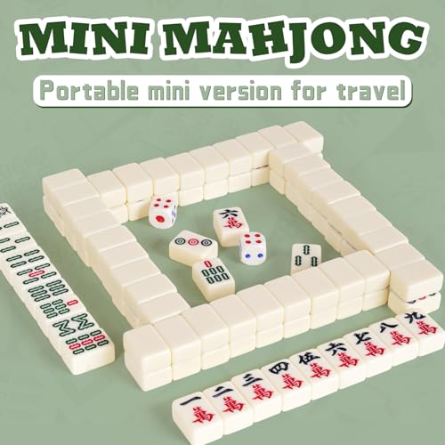 Portable Chinese Mahjong Set with 144 Mini Tiles, Travel Mahjong Game Set with 4 Clear Racks, 2 Dice & Spare Tiles, Compact Mahjong Board Game for Family, Outdoor Travel Gift (Ivory)