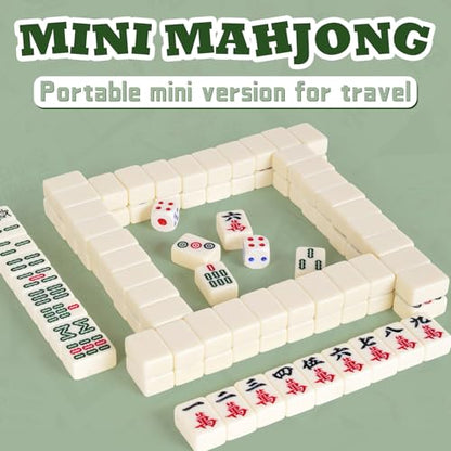 Portable Chinese Mahjong Set with 144 Mini Tiles, Travel Mahjong Game Set with 4 Clear Racks, 2 Dice & Spare Tiles, Compact Mahjong Board Game for Family, Outdoor Travel Gift (Ivory)
