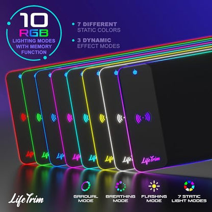 LifeTrim RGB Gaming Mouse Pad with Wireless Charging 15W, LED Mousepad 35.5x12 Inch XXL Large Desk Mat, 10 Light Modes, 4mm Thick Non-Slip Waterproof Keyboard Pad for PC MacBook Laptop, Gamer Gift