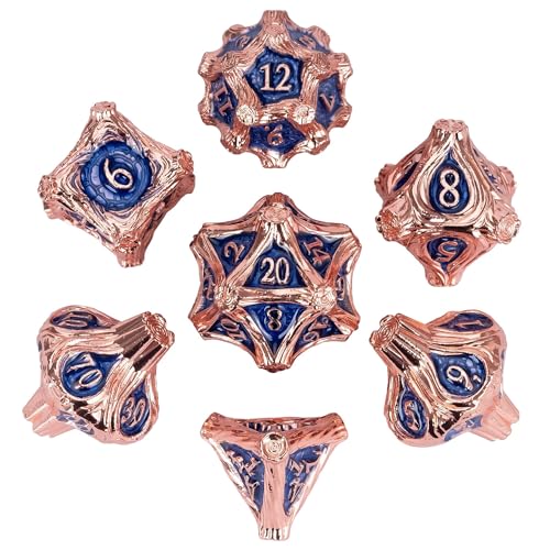 Metal Dice Set D&D Polyhedral Metal DND Dice Blue for Tabletop Games | Leather Storage Bag, DM Gift, for Dungeons and Dragons Role Playing Games - color: Metal Tree-copperblue