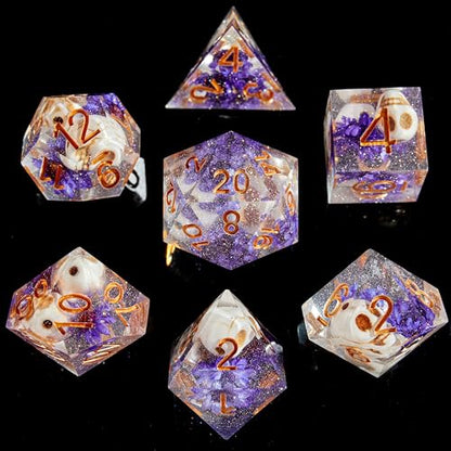 FugaCity Dice Set,Handmade Sharp Edge 7 Piece Resin Dice-Dungeon&Dragons Polyhedral Dice Set, D&D Dice Set with Gift Dice Case for RPG MTG Table Games - color: D-purple Flower & Skelet