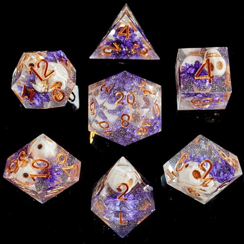 FugaCity Dice Set,Handmade Sharp Edge 7 Piece Resin Dice-Dungeon&Dragons Polyhedral Dice Set, D&D Dice Set with Gift Dice Case for RPG MTG Table Games - color: D-purple Flower & Skelet