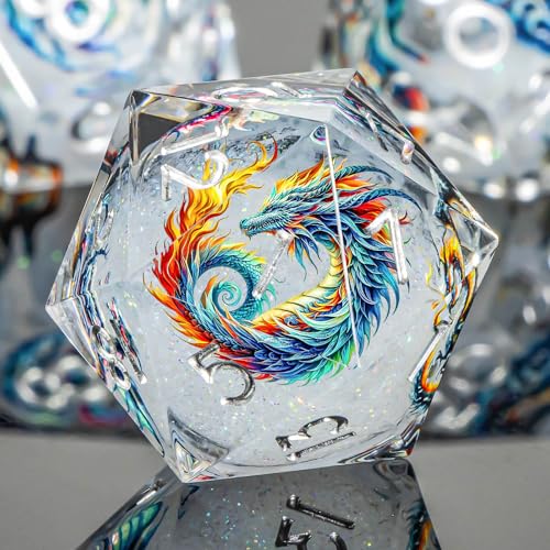Roycevon Dragon Pattern Liquid Core DND Dice Set, 7Pcs Sharp Edge D&D Dice with Gift Box, White Resin Dungeons Dragons D and D Role Playing Dice D20 D12 D10 D8 D6 D4 - color: White