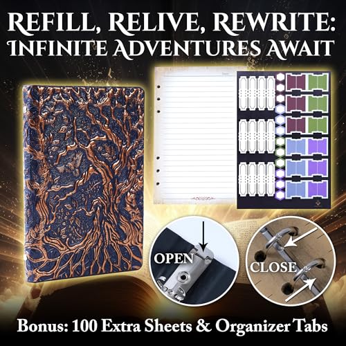 Notebook Journal, Refillable Binder for DND - 3D Tree of Life Design (A5) | A5 400 Pages (200 Sheets), Perfect for Dungeons and Dragons (D&D), Bonus Tabs and Ruler, for Players and DM's - color: Navy Gold