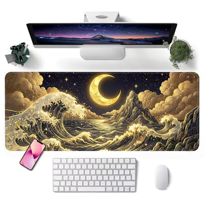 Mouse Pad, Desk Mat, 31.5x11.8in Large Mousepad, Golden Waves | Desk Pad with Stitched Edge & Rubber Non-Slip Bottom, Gaming Mouse Pad, Extended Mousepad for Home, Office - color: Golden Waves