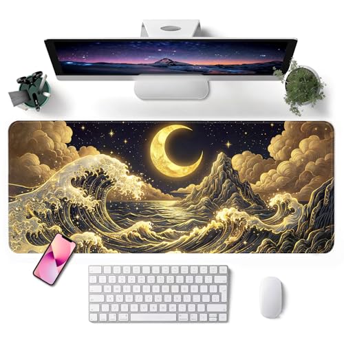 Mouse Pad, Desk Mat, 31.5x11.8in Large Mousepad, Golden Waves | Desk Pad with Stitched Edge & Rubber Non-Slip Bottom, Gaming Mouse Pad, Extended Mousepad for Home, Office - color: Golden Waves