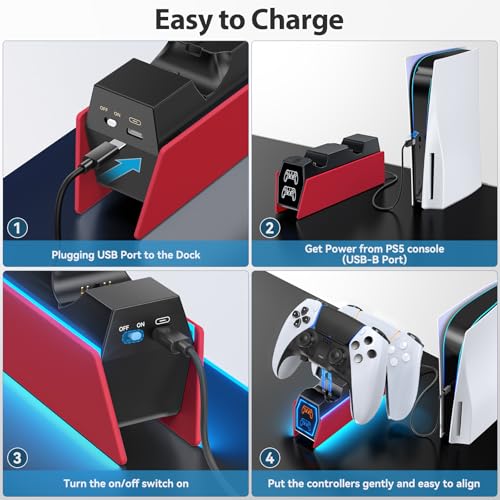 Controller Charger Station Compatible with Play 5 Faceplates Edge & Dual Controller, 9 Lightings P 5 Accessories Charging Station, P 5 Dock Stand with LED Indicator & On-Off Switch, Volcanic Red for PlayStation Consoles - color: Volcanic Red