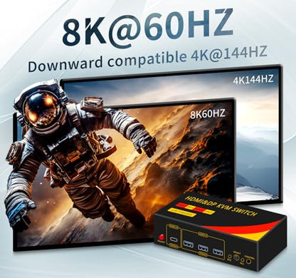 2*DP+1*HDMI KVM Switch 3 Monitors 2 Computers | 8K@60HZ, USB3.0, Display Port, Extended and Copy Mode, Share USB Devices - size: 2 PC 2 Monitor-8K Red+