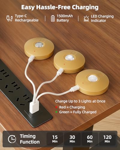 Rechargeable Puck Lights with Remote Control, 1500mAh Battery Operated Tap Lights, Dimmer & Timer Under Cabinet, Wireless LED Stick-On for Closet, Bedroom, Kitchen - Gold 3Pcs - color: Gold