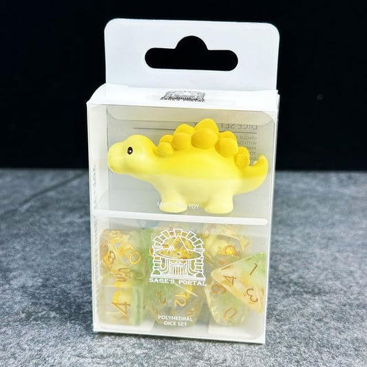 Sage's Portal Familiars Dice and Toy Set Combo Resin DND Dice Set Polyhedral Dice Set for Dungeons and Dragons RPG Pathfinder Tabletop TTRPG (Yellow Stegosaurus + Figurine) - color: Yellow Stegosaurus, style: Dice Set +Mini Figure