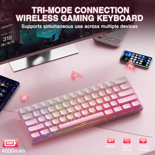 Aula MINI60 HE PRO Wireless Gaming Keyboard 60%,Hall Effect Rapid Trigger Magnetic Keyboard,8000Hz Polling,Tri-Mode(BT5.0/2.4GHz/USB-C),RGB Hot Swappable Compact Pink Mechanical Keyboard for Gamer - color: Pro-Pink Side