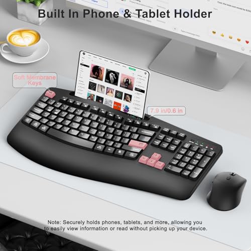 Wireless Keyboard and Mouse Combo, Full Size Ergonomic Wave Keys(Pink-B) | 2.4G Ergonomic Keyboard with Wrist Rest, Phone Holder, 3-Level DPI Silent Mouse with 6-Buttons, for Windows/Mac OS/Laptop/PC - color: Pink