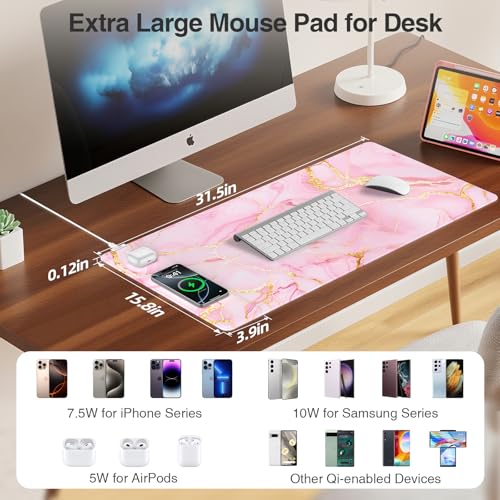 Pink Marble Mouse Pad with 15W Wireless Charging, 31.5"x15.8" in | Large Gaming Desk Pad/Mat for Women Girls, Waterproof Ultra-Smooth Surface, Non-Slip Base - color: Pink Marble-31.5"x15.8"
