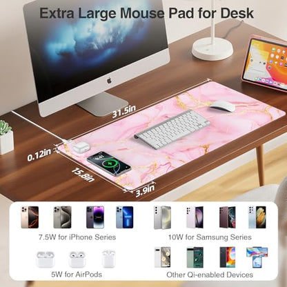 Pink Marble Mouse Pad with 15W Wireless Charging, 31.5"x15.8" in | Large Gaming Desk Pad/Mat for Women Girls, Waterproof Ultra-Smooth Surface, Non-Slip Base - color: Pink Marble-31.5"x15.8"