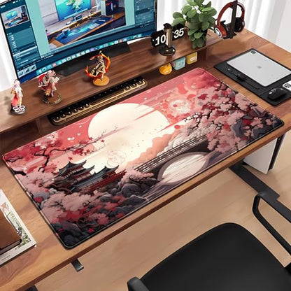 Pink Full Moon Desk Mat Japanese Sakura Blossom Large Mouse Pad Extended Japan Aesthetic Gaming Mousepad XXL Keyboard Pad Mouse Mat 31.5''X15.7'' Desk Pad Office Decor - color: Pink Full Moon