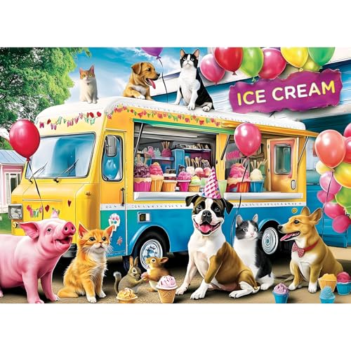 300 Piece Puzzle for Adult,Summer Cute Animal Ice Cream Truck Jigsaw Puzzle | Interlock Perfectly Letter on Back No Dust,Home Wall Art Decor,Challenging Perfect Birthday Party Gift for Family, 20.5x15 In - color: Car
