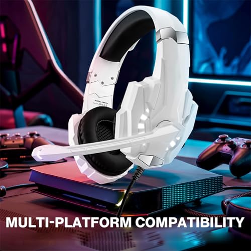 Cuifati Gaming Headset, Over Ear Headphone with Noise Cancelling Microphone and LED Lights, 40mm Drivers for PC, Laptop, Mobile Phone, Gaming Console (White) - color: White