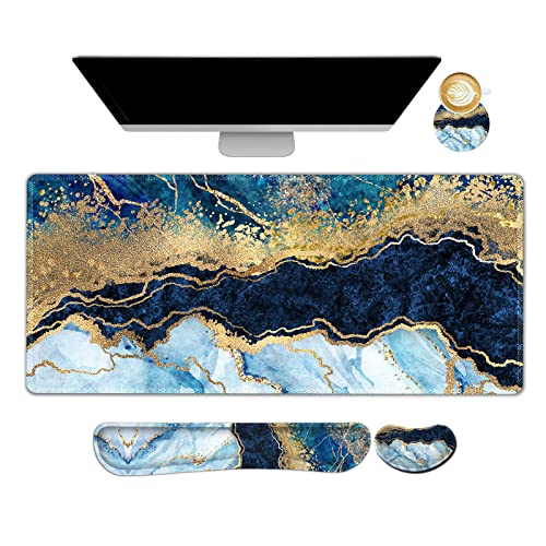 ARTSO Large Gaming Mouse Pad, Keyboard Wrist Rest Pad & Wrist Support Mousepad Set, Stitched Edge, Extended, Non-Slip Base, Memory Foam,Multifunctional Desk Mat 4pcs for Office & Home, Blue Marble - color: Blue Marble