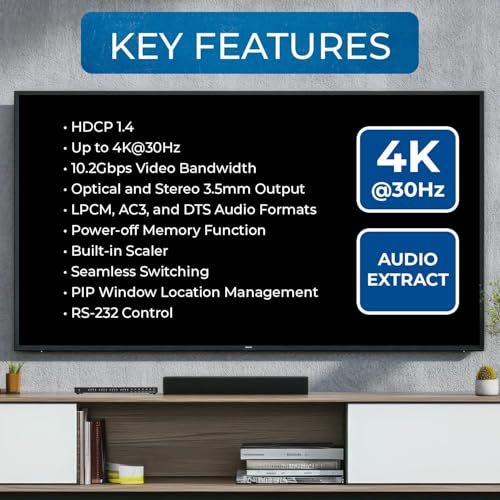 OREI 4x4 HDMI Matrix Switch 4K@30Hz Audio Extract RS-232 PIP EDID OSD 3.5mm | 4x4 Video Wall Controller – 10.2Gbps, Built-in Scaler, Seamless Switching, Optical & 3.5mm Audio Out, LPCM/AC3/DTS