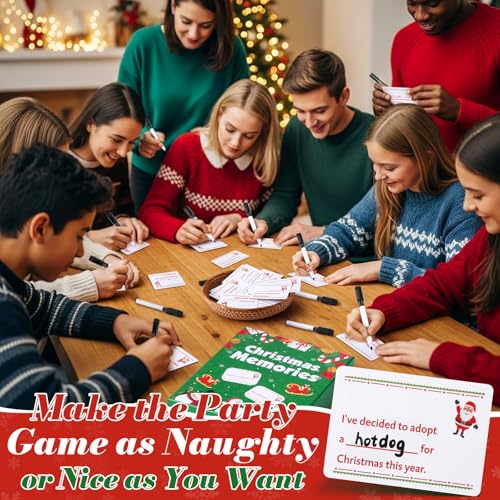 Christmas Card Game Set for Family Game Night, 120 Cards with 10 Dry Erase Markers, Fun Holiday Party Board Games for Groups of 3 or More Players, Stocking Stuffer & Secret Santa Gift