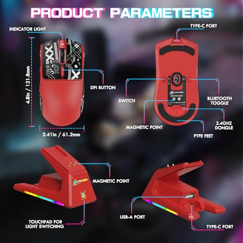 ATTACK SHARK X1 Ultralight Tri Mode Wireless 40000 DPI Gaming Mouse-Red | Magnetic RGB Charging Dock,Anti Slip Grip Tape,PixArt PAW3395 Pro Optical Sensor,BT/2.4Ghz/Wired,Driver for PC Win Mac Gamer - color: Red+Grip Tape