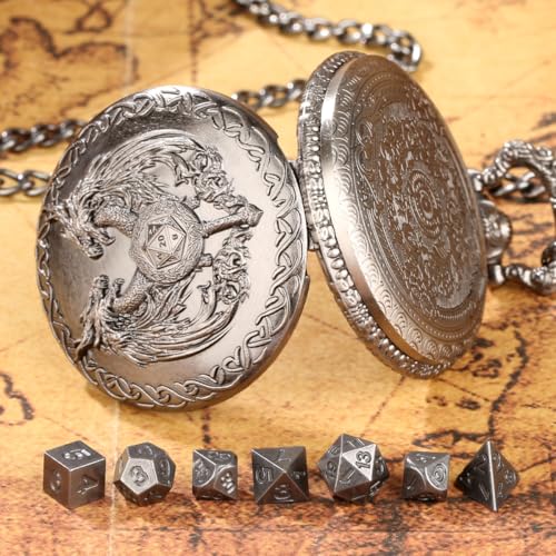 Mini DND Dice Set with Wand and Double Dragon Head Pocket Watch Shell Case, DND Starter Set, 7pcs Polyhedral Mini Metal Dice Set, D&D Gifts with Gift Bag, Role Playing Board Game Accessories, Silver - color: Dark Silver
