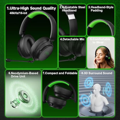 LENISUOLE Wireless Gaming Headset for Xbox, PS5, Mac and PC, Foldable Bluetooth Headset, Game/Chat Balance, Dual Built-in & External Mic, 3D Surround Sound, Memory Foam Cushions - color: Black