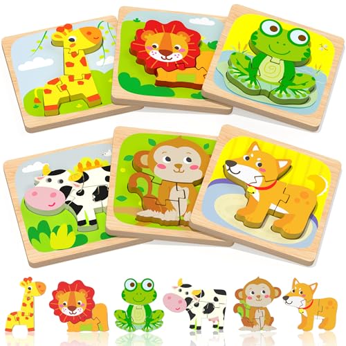Benresive Wooden Toddler Puzzles, 6pcs Animal Montessori Toys for 1-3 Year Old Boys & Girls, Learning Educational Preschool Toys, Great Gifts for 1 2 3 Year Olds | 6 Pcs Puzzles, 1 2 3 Year Old Girl Boy Great Gifts, Learning Educational Preschool Bolck To