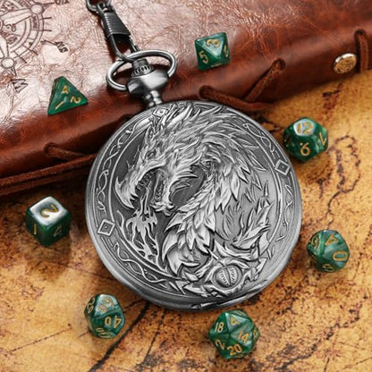 Mini DND Dice Set, 7-Piece Polyhedral Acrylic D&D Dice, with Steampunk Dragon Large Pocket Watch Case, DND Gift Bag with Dragon Logo, Role Play Board Game Accessories, Dark Silver + Green - color: Silver + Green
