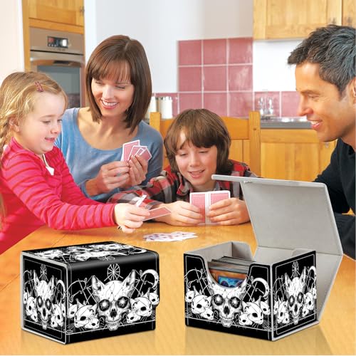 Card Deck Box for MTG,Commander,YuGiOh,Portable 100+ Card Storage Box,Magnetic Closure Durable Leather Trading Card Protector Case for TCG CCG Players & Collectors- Vector Cat Skulls