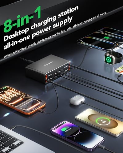 8-in-1 Retractable Charging Station for Multiple Devices, USB-C GaN Hub | 105W Retractable Charger, 4 Cables & 4 Ports, Clutter-Free Desk/Home, Travel-Ready, Fast Charge For iPhone/Galaxy/Pixel/iPad