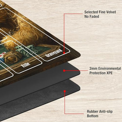 MTG Playmat with Zones, TCG Card Game Play Mat with Stitched Edges, Non-Slip Rubber Base Gaming Desk Mat, Smooth Surface 24 x 14 Inch, Bears Play Poker - color: Bears Play Poker, size: Zone 1