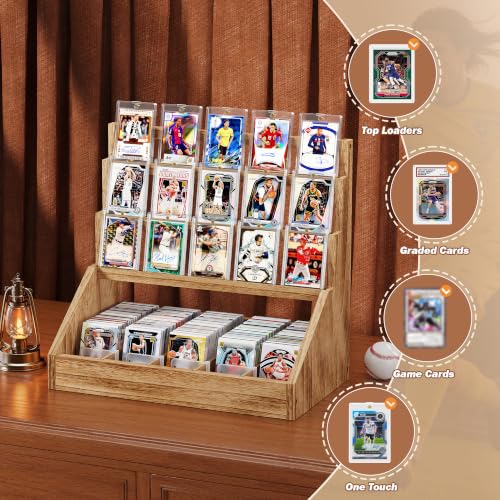 Emfogo Trading Card Display, 3-Tier Card Display Stand with 5-Row Storage, Wooden Graded Card Display, Large Capacity Sports Cards Display Case for Cards Game Collection (Brown) - color: Brown