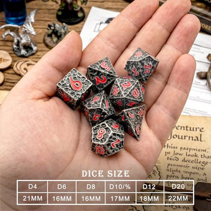 Haxtec Silver Metal DND Dice Set Ancient Metal Dice with Leather Bag Compatible with Dungeons and Dragons D&D Gifts TTRPG Antique Iron Red Gamer Gift for DND Players Masters - color: Antique Iron Red