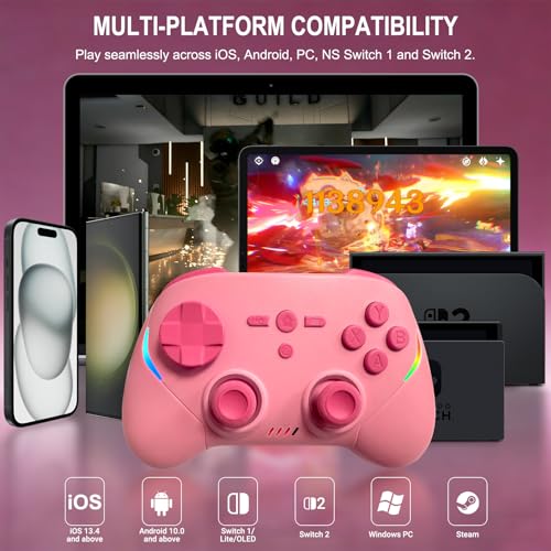 Joso Mobile Gaming Controller, Wireless Game Controller for iPad/Tablet/iPhone/Android/Switch/Switch 2/Lite/OLED/PC, Handheld Gamepad with Hall Effect Joysticks/Triggers/6-Axis Gyro - Pink - color: Pink