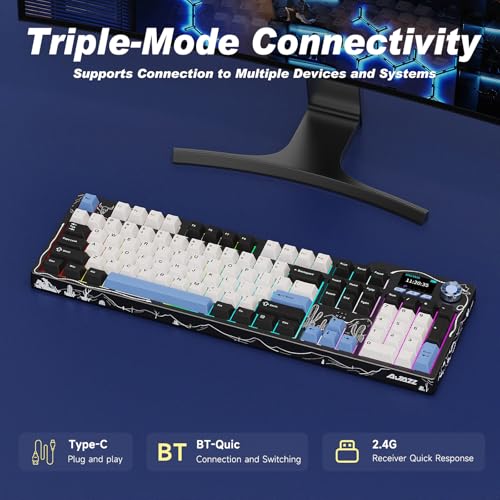 Ajazz AK35I V4 Full Size Wireless Mechanical Keyboard with 1.14" Color Screen & Knob, Tri-Mode Gasket Hot Swappable Gaming Keyboard, 10000mAh Battery, RGB, Black White Blue - color: V4 Black White Blue