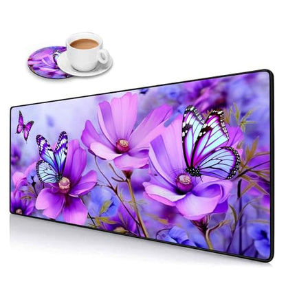 Desk Pad Mat Gaming Mouse Pads with Coasters,Stitched Edges Design Mouse Pad XXL Large Mouse Pad for Laptop Computers Purple Flowers and Butterflies Desk Writing Mat for Office & Home - color: Purple Flowers and Butterflies
