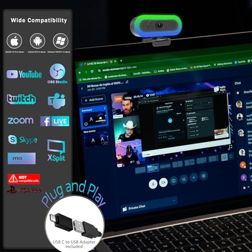 2K Webcam for PC with Microphone/Ring Light,USB C Computer Camera | Webcam with RGB/White Light/Cover,Autofocus,65°FOV, PC Web Camera for Desktop Computer Video Meeting/Gaming Streaming - color: 2k webcam with light