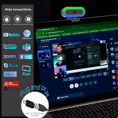 2K Webcam for PC with Microphone/Ring Light,USB C Computer Camera | Webcam with RGB/White Light/Cover,Autofocus,65°FOV, PC Web Camera for Desktop Computer Video Meeting/Gaming Streaming - color: 2k webcam with light