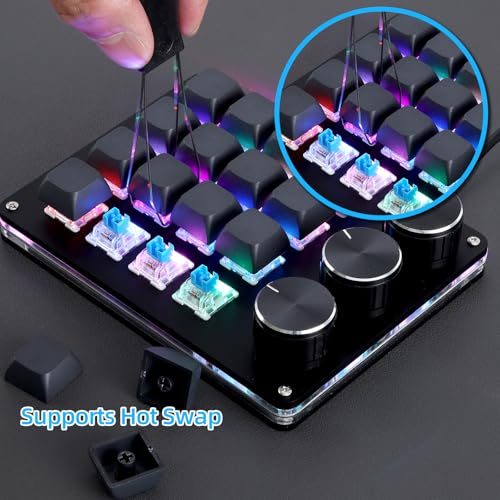 Koolertron Macro Programmable Keypad, One Handed Programmable Mechanical Keyboard, RGB Blue Switch Hot Swappable, 16 Keys 3 Knob Backlit Keypad for Working and Gaming, Black - size: 16-key (3 Knob)