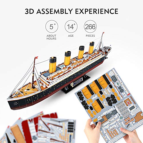 CubicFun Titanic 3D Model Ship Puzzle with LED Lights, 266 Pieces, 88 cm | 3D Puzzle for Adults LED 34.6 inch Titanic Model with 266 Pieces for Collectors, Home Decor Office Displays Shelf Displays - style: Realistic