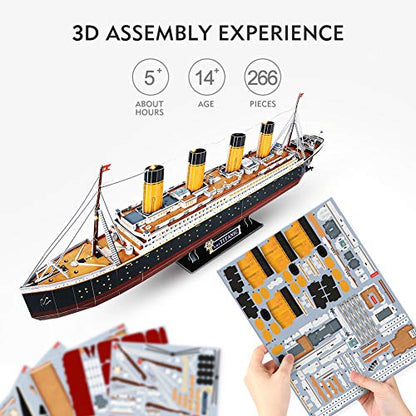 CubicFun Titanic 3D Model Ship Puzzle with LED Lights, 266 Pieces, 88 cm | 3D Puzzle for Adults LED 34.6 inch Titanic Model with 266 Pieces for Collectors, Home Decor Office Displays Shelf Displays - style: Realistic