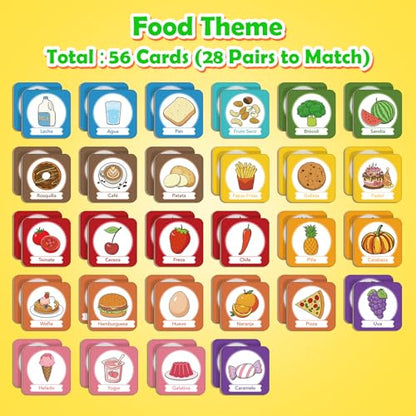 Edulok Memory Card Game, Toddler Match Game, Learn Spanish for Kids, Bilingual Flash Cards, Learning Toys for 4 Year Old, Preschool Learning Activities, Homeschool Supplies, Kindergarten Toys - style: Food