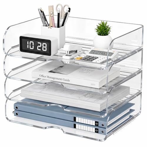 HIYOHIYO Clear Office Desk Organizer for A4 Letter Paper, 4 Tier Horizontal | Stackable | Large Capacity | Office Organization for File Folder | Desktop Paper Holder Workspace Organizer and Storage - size: 12.6" x 9.6" x 11"