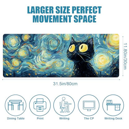 Gaming Mouse Pad, Big Cute Mousepad, XL Large Extended Desk Mat with Non-Slip Rubber Base, Laptop Desk Pad, Computer Keyboard Mat Office&Home, 31.5x11.8in, Starry Night Black Cat - color: Starry Night Cat